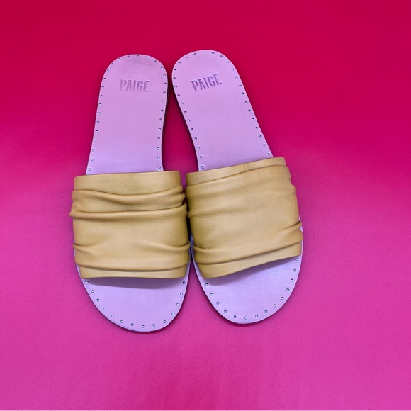 PAIGE Emilia Leather Slide Sandals Mustard Yellow Ruched Band Womens 8.5 US - Picture 12 of 13